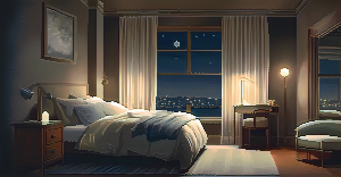 A peaceful bedroom with a person sleeping, warm lighting, and moonlight filtering through curtains, illustrating the importance of sleep for recovery.
