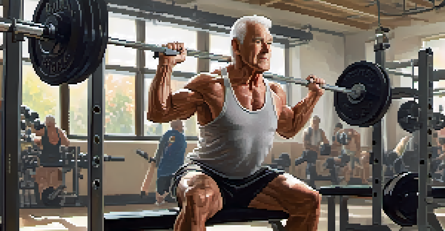 An older adult man in a gym, lifting a barbell on a bench press with a determined look.