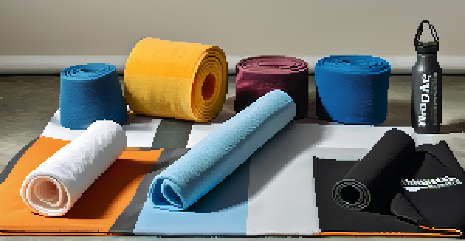 A flat lay of wrist and knee supports along with gym accessories, creating an inspiring workout setup.