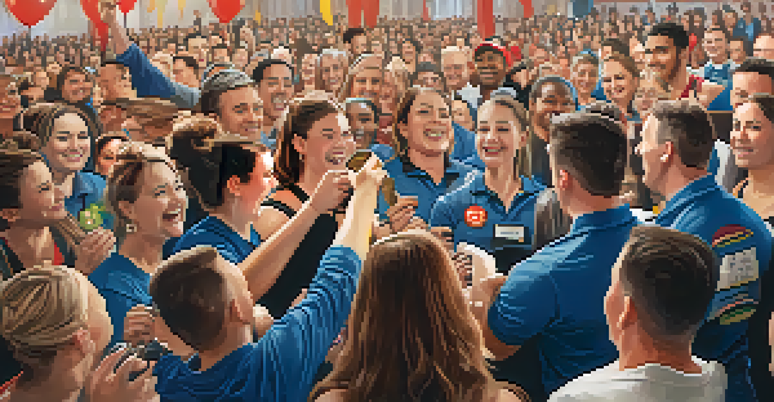 A participant proudly holding a medal during an awards ceremony at a powerlifting charity event, surrounded by cheering friends and family.