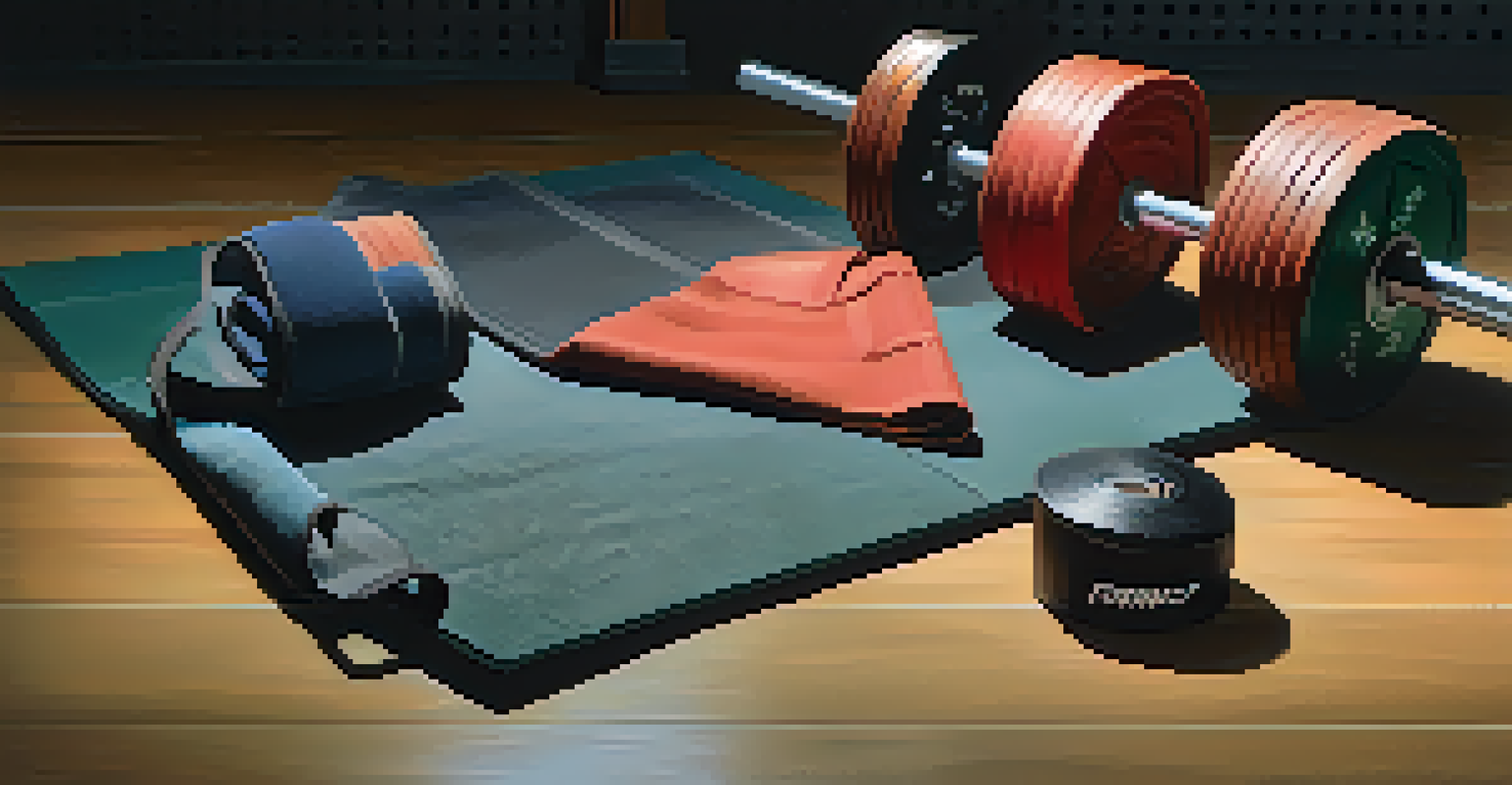 A flat lay of powerlifting gear, including a lifting belt, knee sleeves, and chalk on a gym mat.