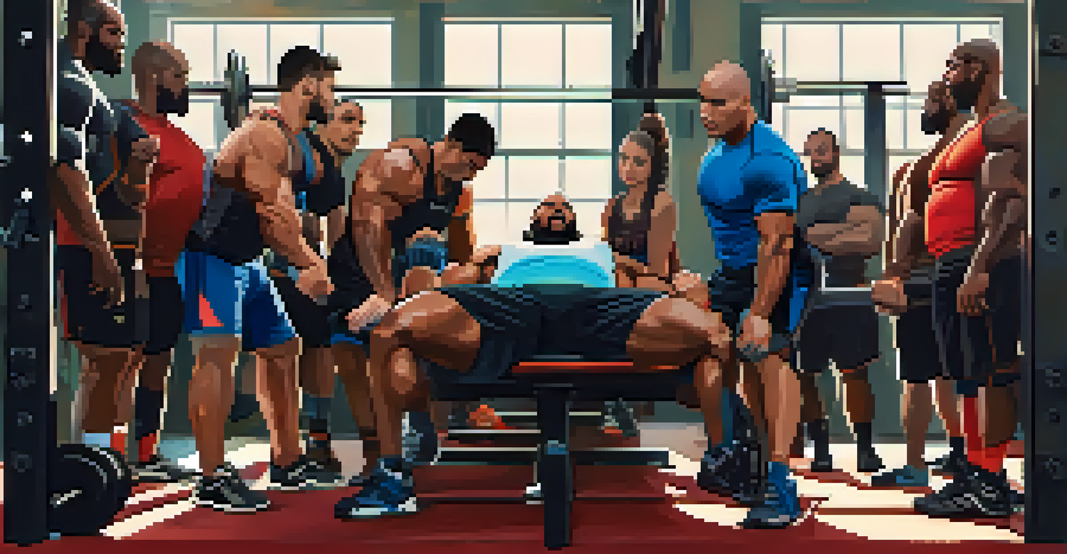 A supportive group of powerlifters cheering on a teammate during a bench press session.