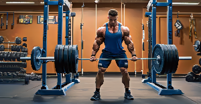 A powerlifter lifting a heavy barbell in a gym, showing focus and determination, with gym equipment in the background.