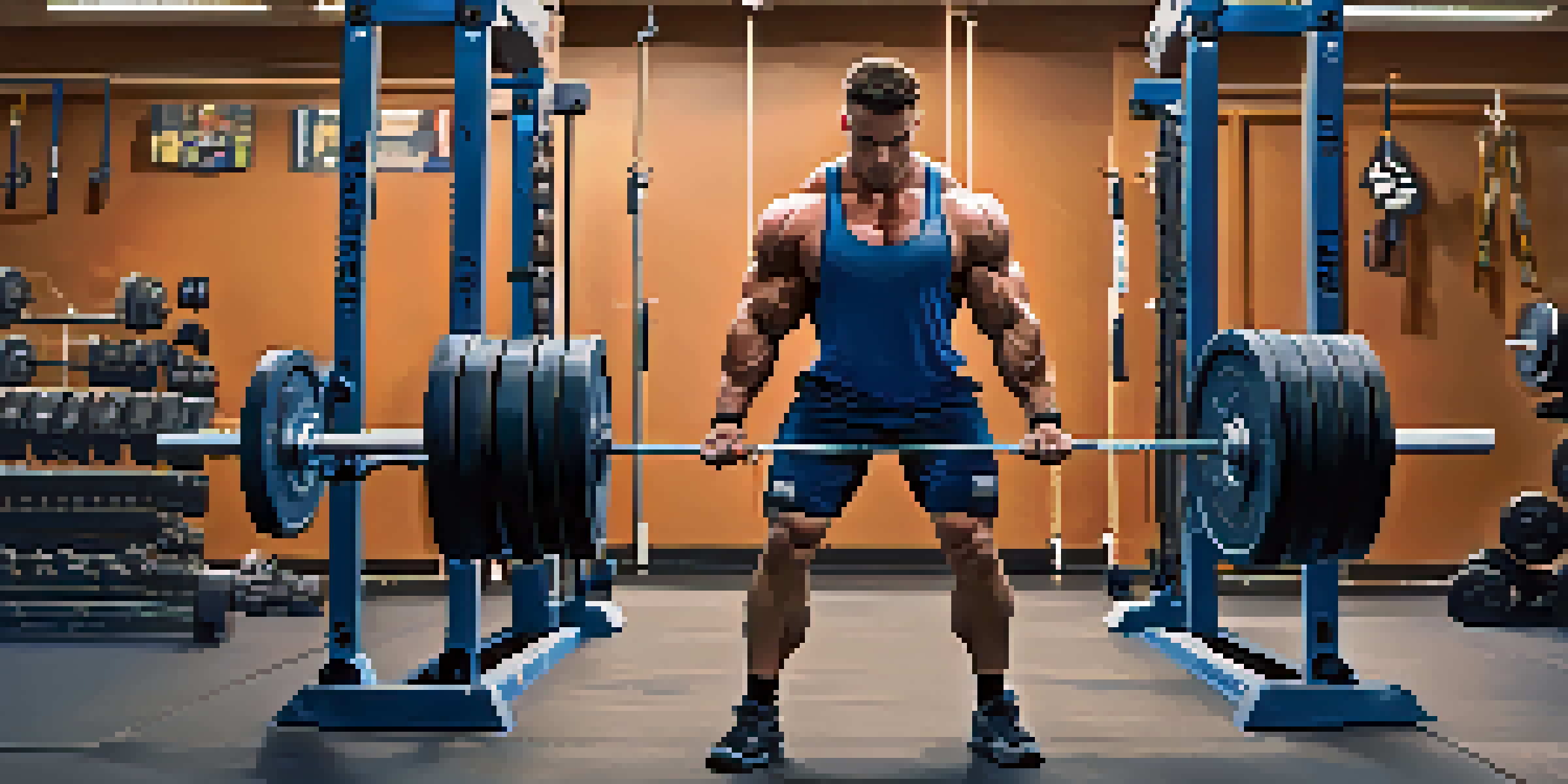 A powerlifter lifting a heavy barbell in a gym, showing focus and determination, with gym equipment in the background.