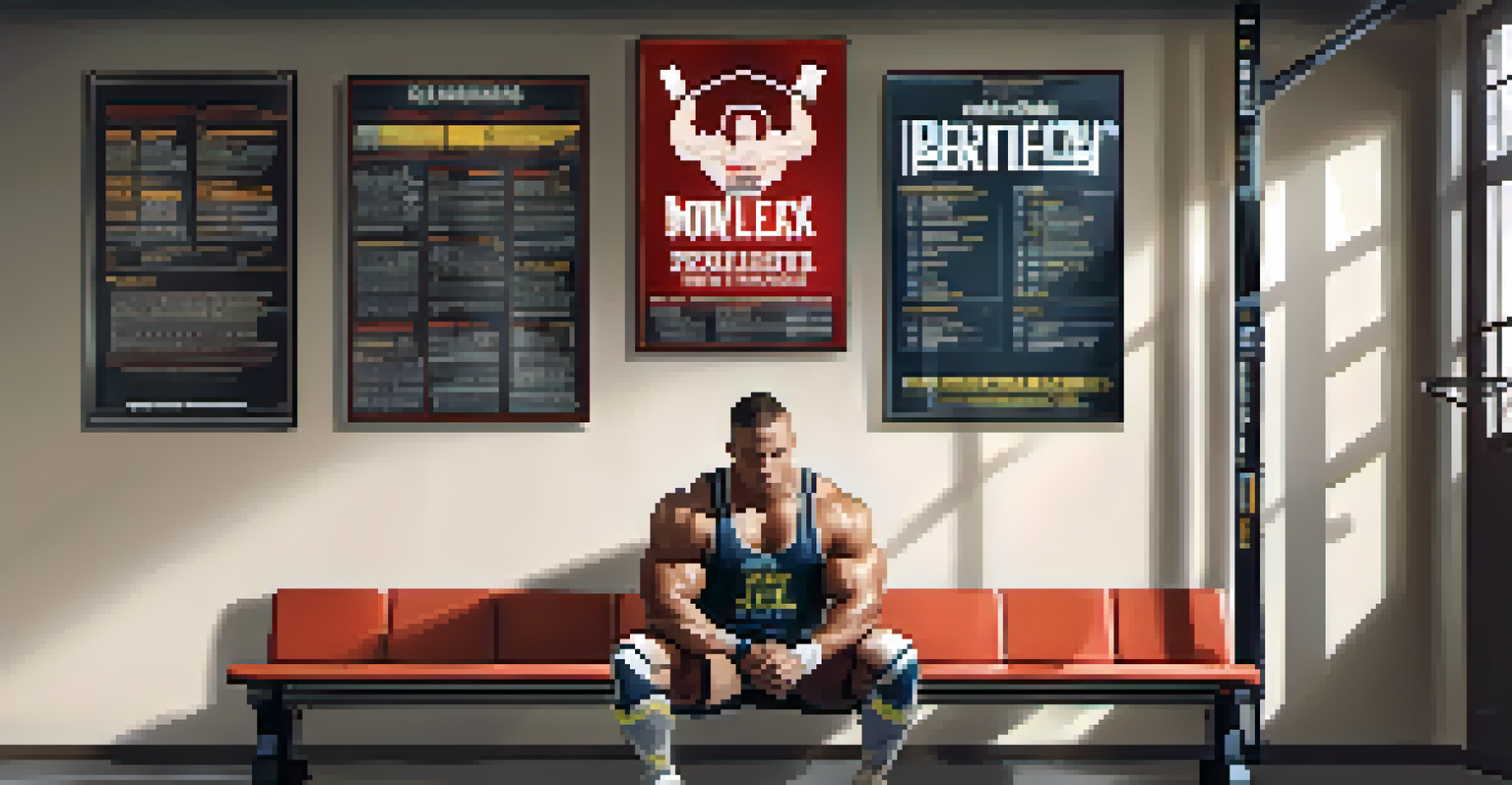A powerlifter resting on a bench with a protein shake, in a calm gym setting filled with motivational posters.