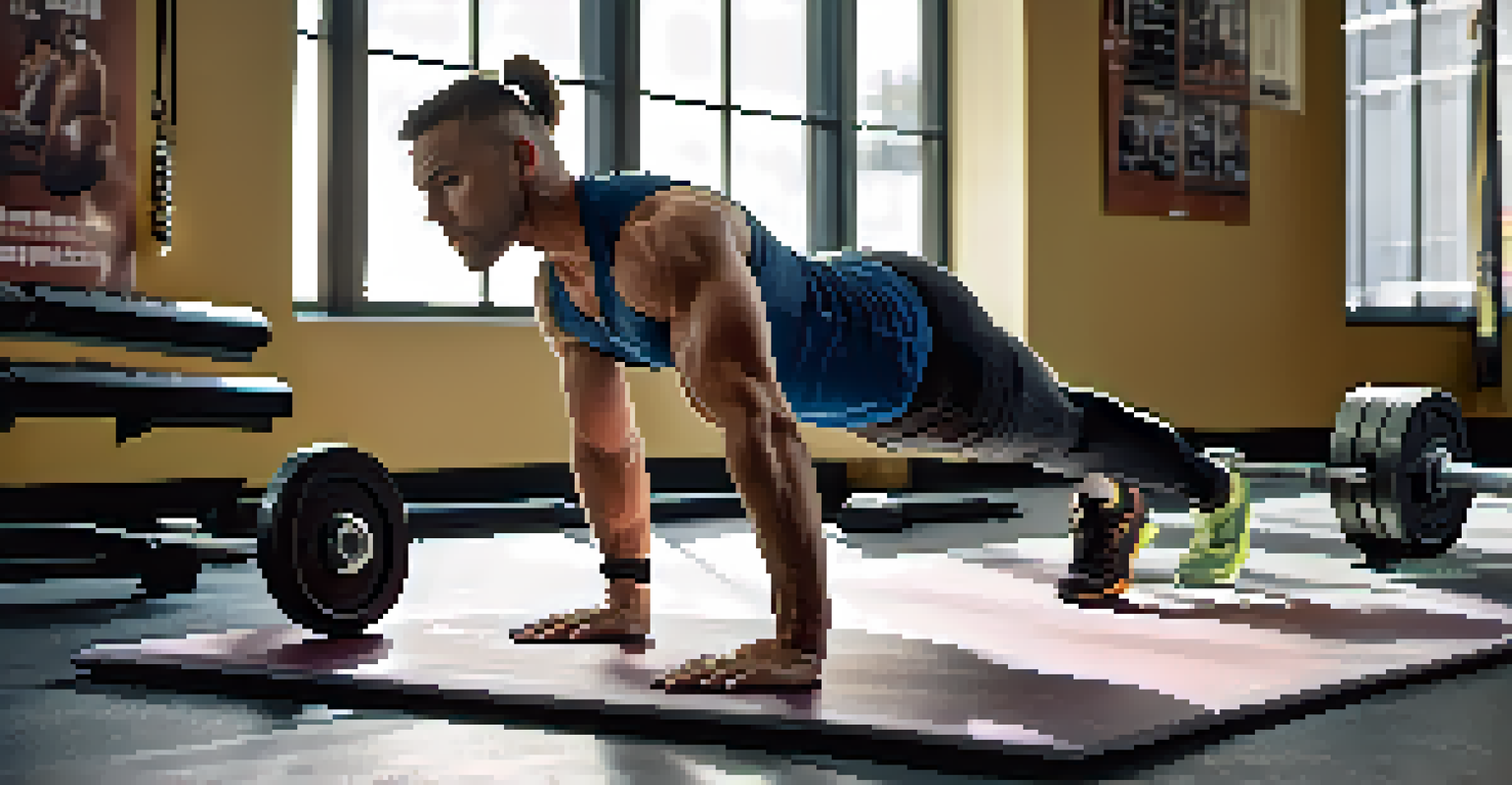 A powerlifting coach demonstrating a plank exercise on a gym mat, focusing on core stability and proper form.