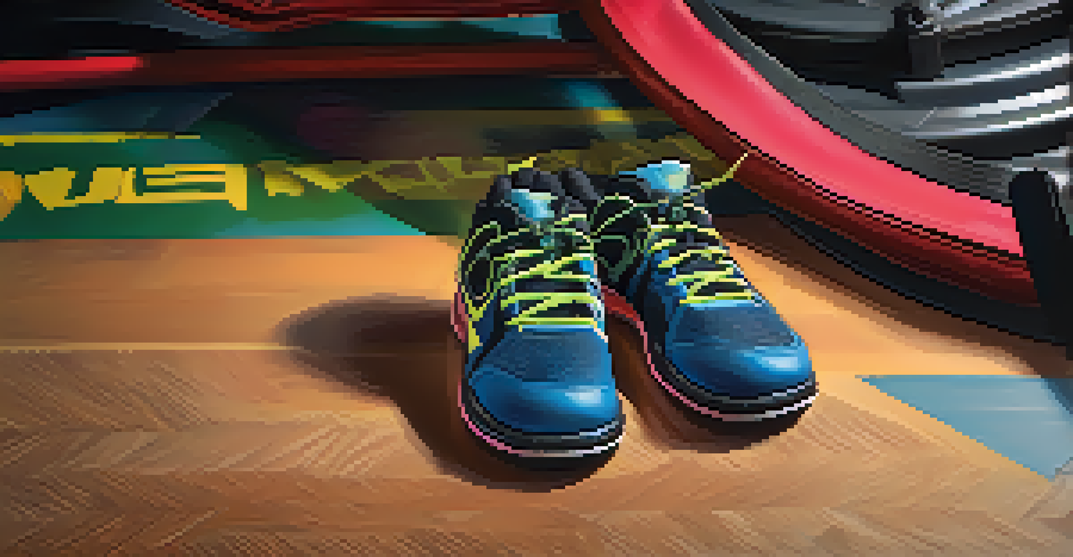 Close-up of a powerlifting belt and specialized shoes on a gym floor, showcasing their textures and colors.