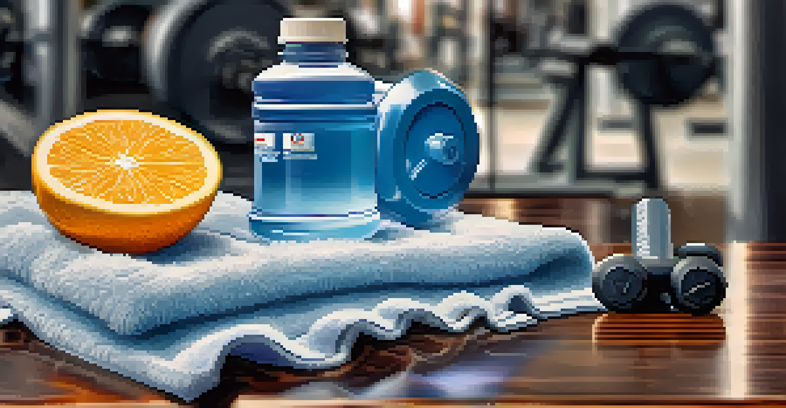 A water bottle and an electrolyte drink placed on a gym bench, surrounded by a towel and weights, emphasizing the theme of hydration.