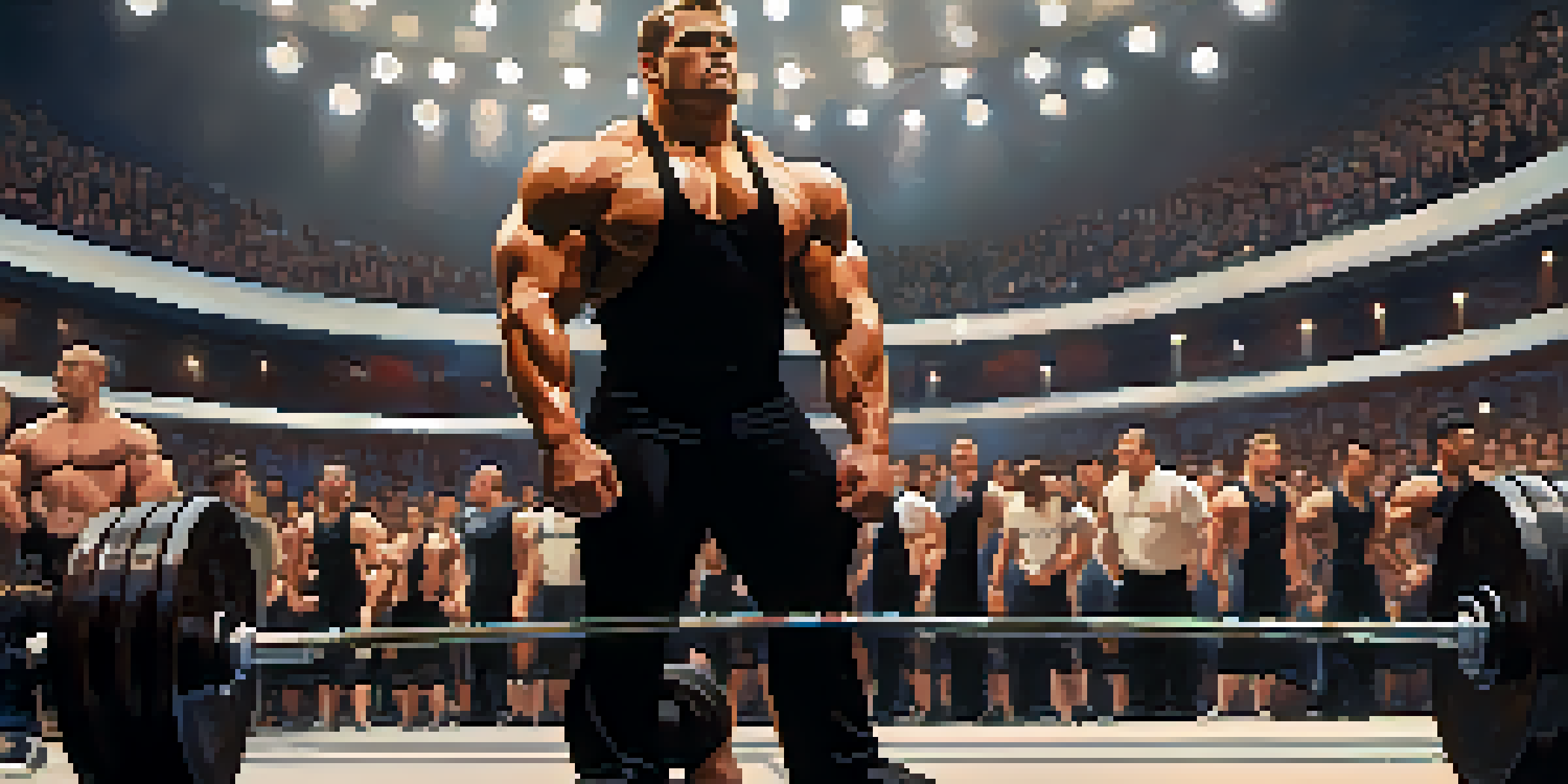 A muscular powerlifter stands confidently before a large audience, dressed in a black lifting suit, with weights stacked in the foreground and bright stage lights illuminating them.
