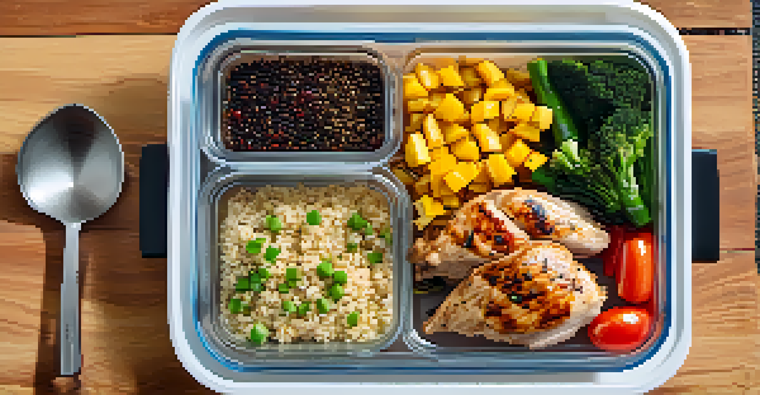 A close-up of meal prep containers filled with grilled chicken, quinoa, and steamed vegetables on a wooden countertop.