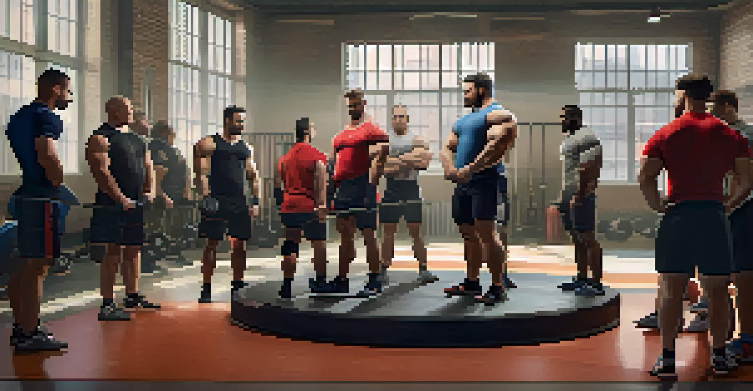 A powerlifting team discussing strategies in a training session, emphasizing teamwork and learning.