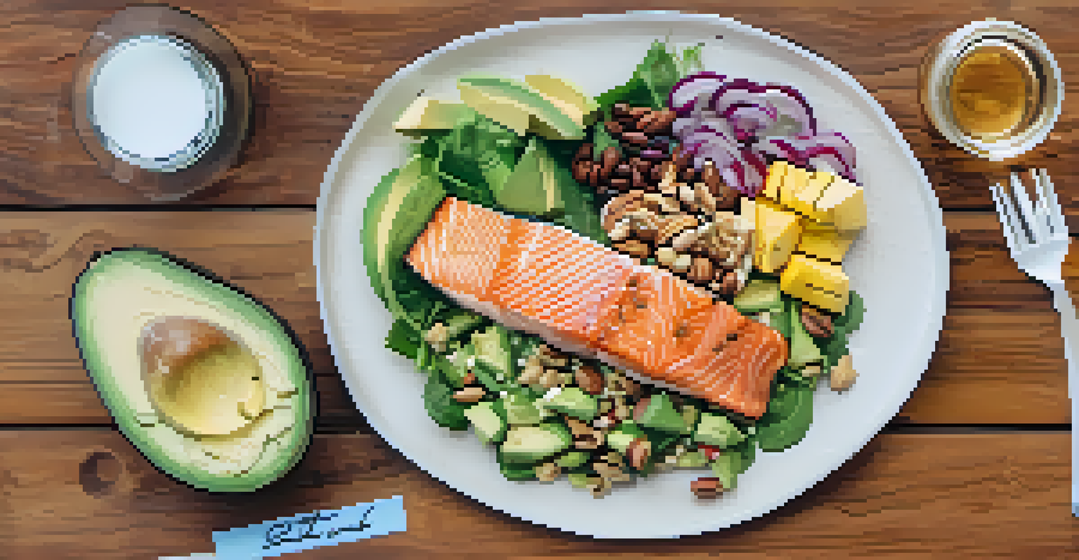 A balanced meal flat lay including salmon, salad, grains, and water, ideal for pregnant powerlifters.
