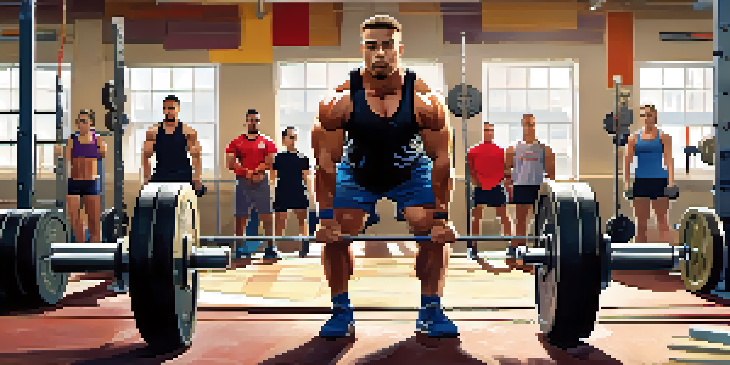 A powerlifting gym with athletes training, focusing on a male lifter squatting with a barbell in a well-lit environment.