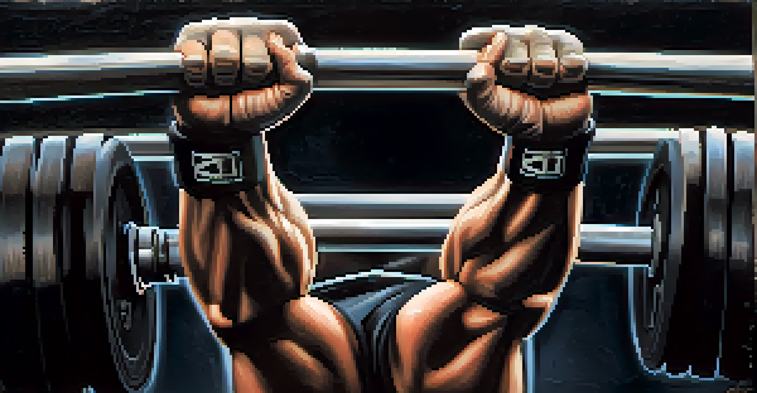 Close-up of a powerlifter's hands gripping a barbell, showcasing chalk dust and calloused skin.