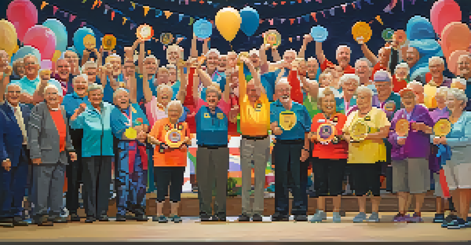 A group of older adults celebrating their powerlifting achievements at an event, smiling and holding medals.