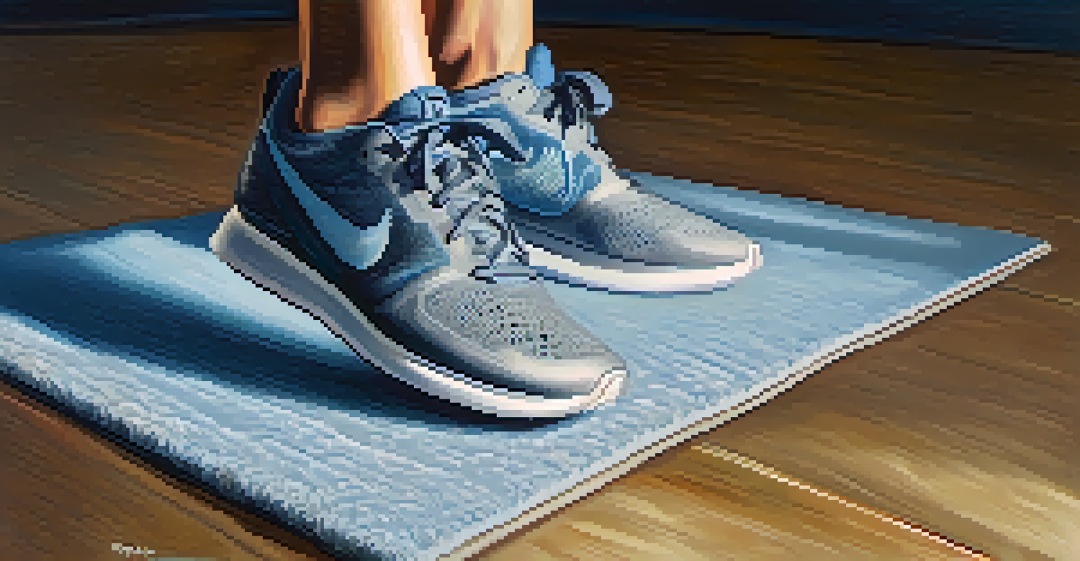 A close-up of feet in athletic shoes showing proper squat form on a gym mat with a water bottle and towel in the background.
