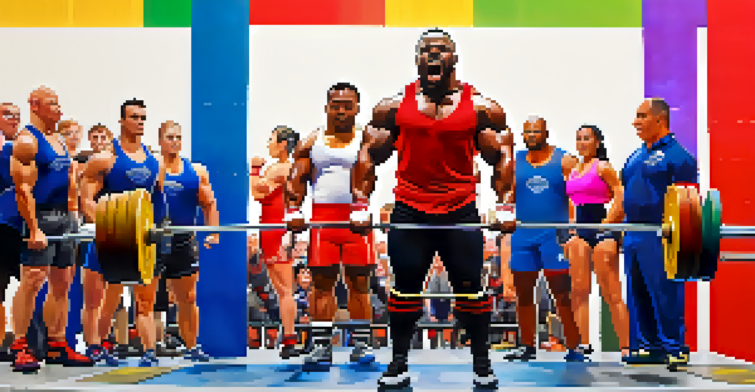 A lively powerlifting competition with diverse lifters on the platform, surrounded by cheering spectators and a mentor offering support.