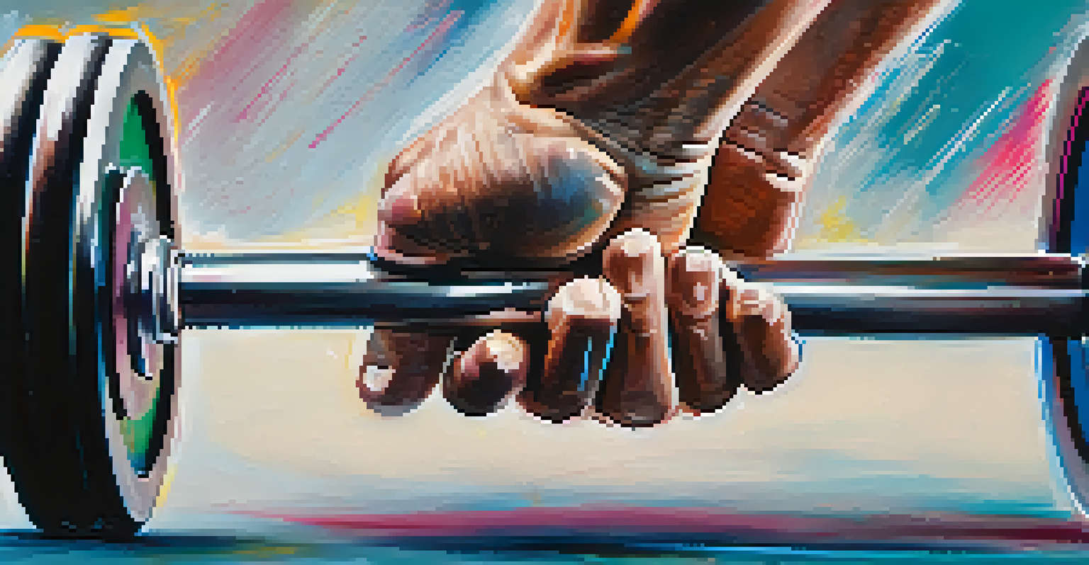 Close-up of chalk-dusted hands gripping a heavy barbell, emphasizing strength and focus in a powerlifting setting.