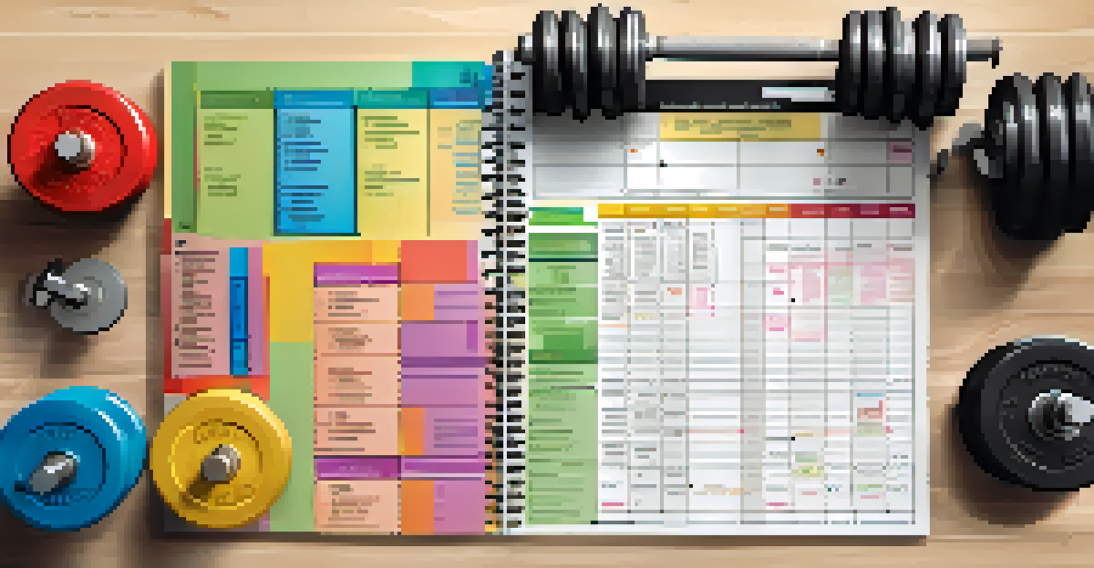 An overhead view of a detailed training log with notes about powerlifting periodization, surrounded by gym equipment.