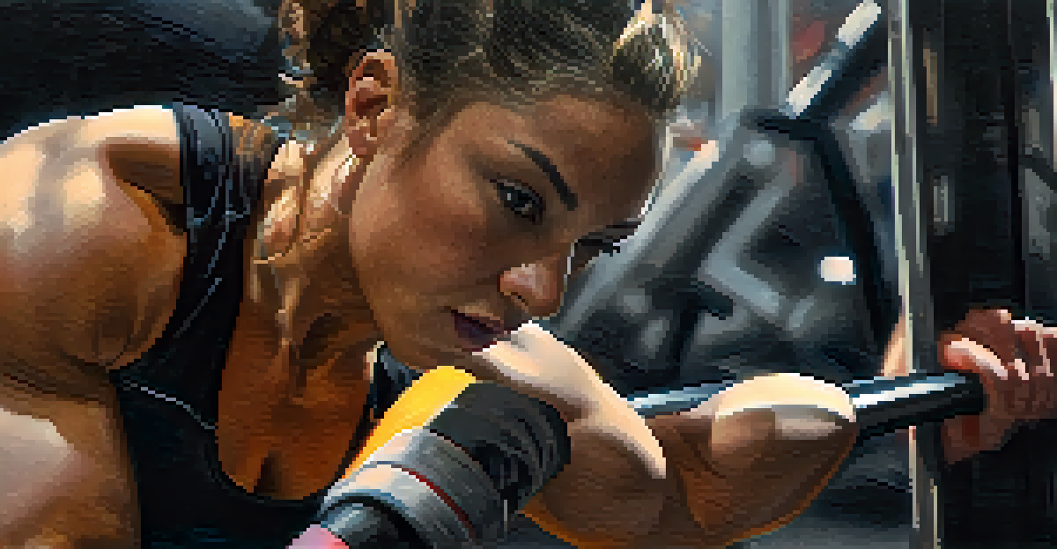 A close-up of a determined woman powerlifter gripping a barbell in a softly lit gym.