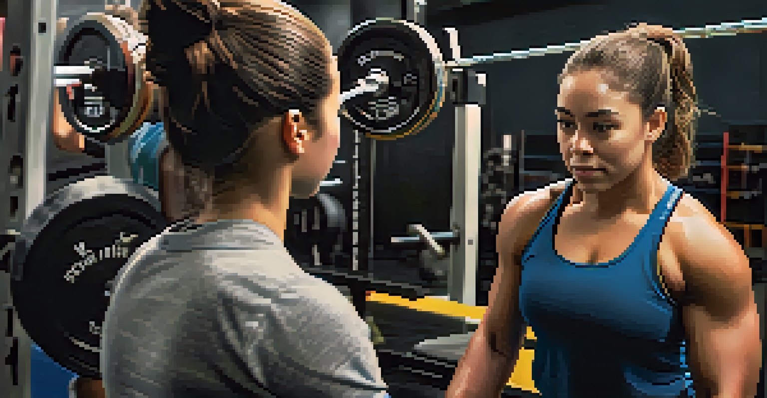 A powerlifting coach demonstrating techniques to a young female athlete in a supportive training environment.
