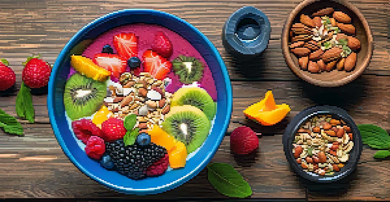 A vibrant smoothie bowl topped with fruits, nuts, and seeds on a wooden table, illuminated by morning light.