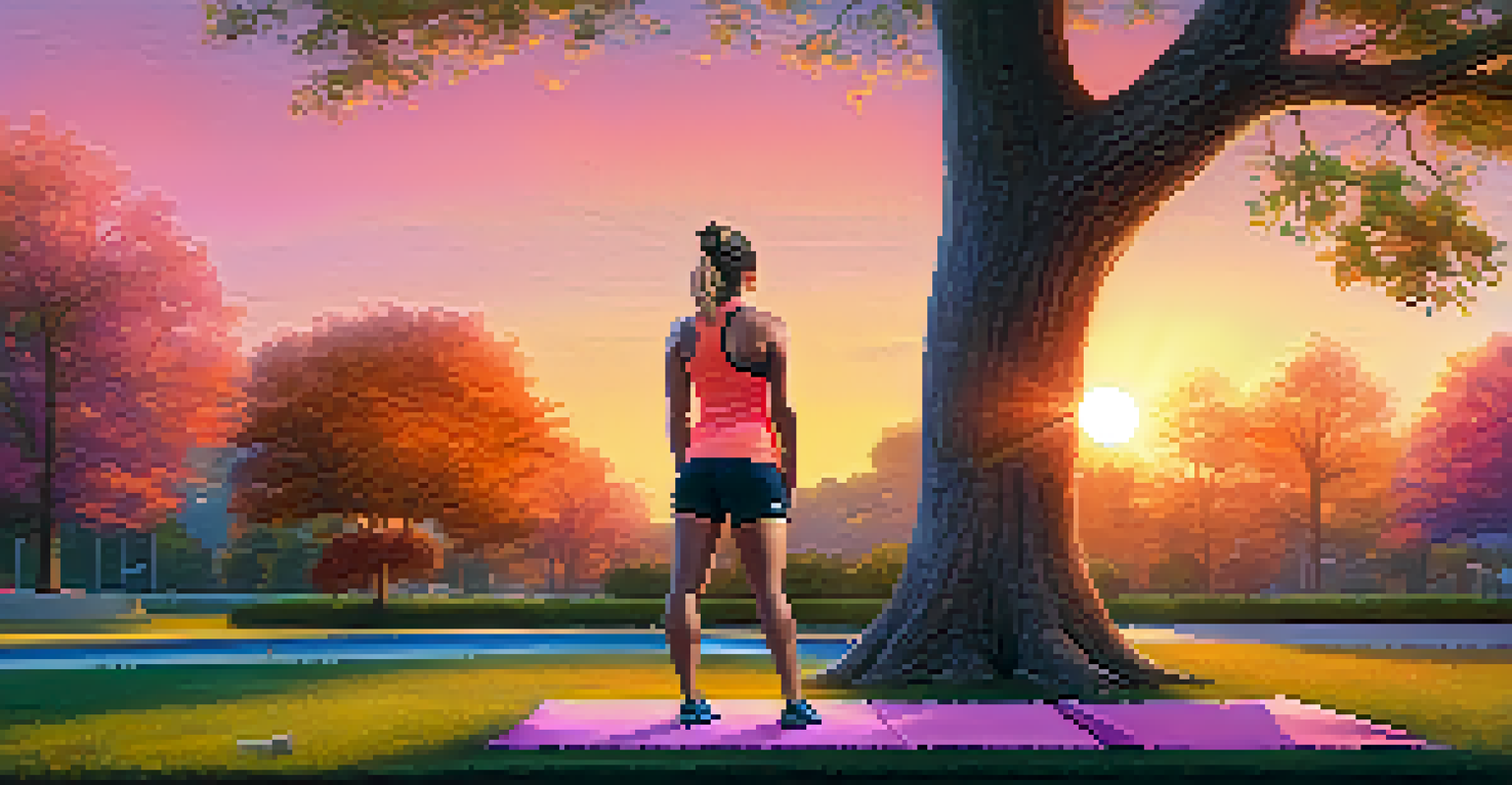 A powerlifter stretching outdoors in a park during sunset, with vibrant colors in the sky and workout gear nearby.