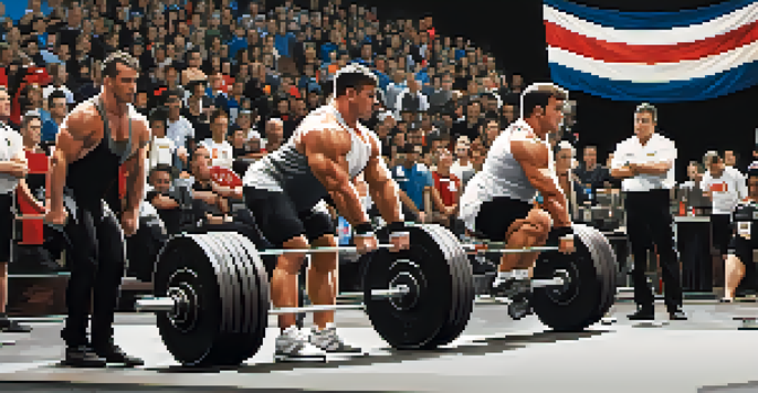 Judges at a powerlifting competition are observing a lifter performing a squat, with a crowd in the background.