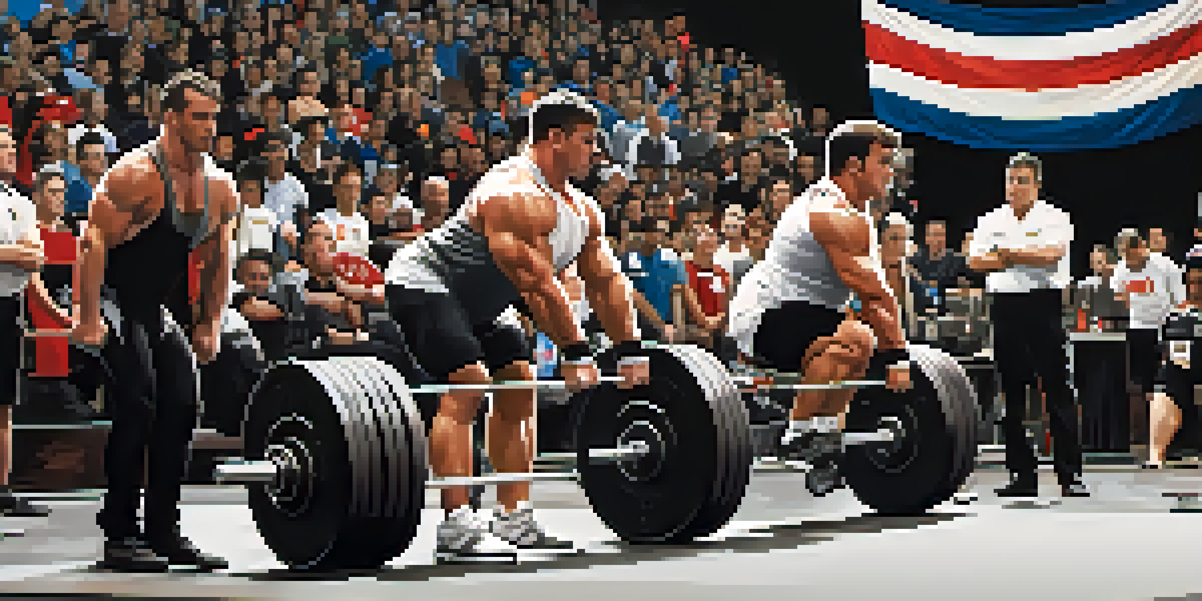 Judges at a powerlifting competition are observing a lifter performing a squat, with a crowd in the background.