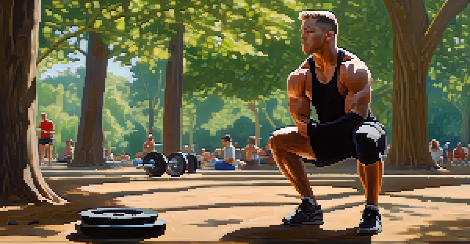 A male powerlifter squatting outdoors in a park, surrounded by nature and onlookers.