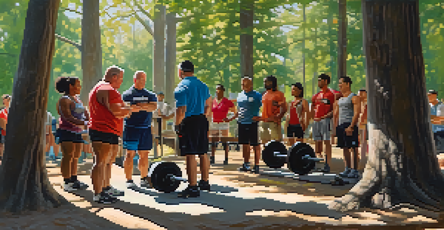 A diverse group of powerlifters attending an outdoor workshop, listening to an experienced mentor explain lifting strategies.