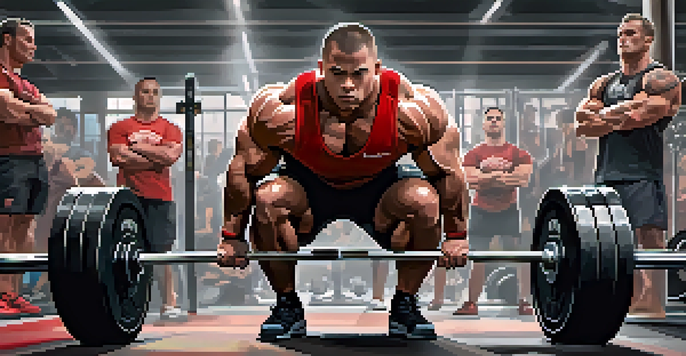 A powerlifter intensely lifting a heavy barbell in a gym, with focused expression and gym equipment in the background.