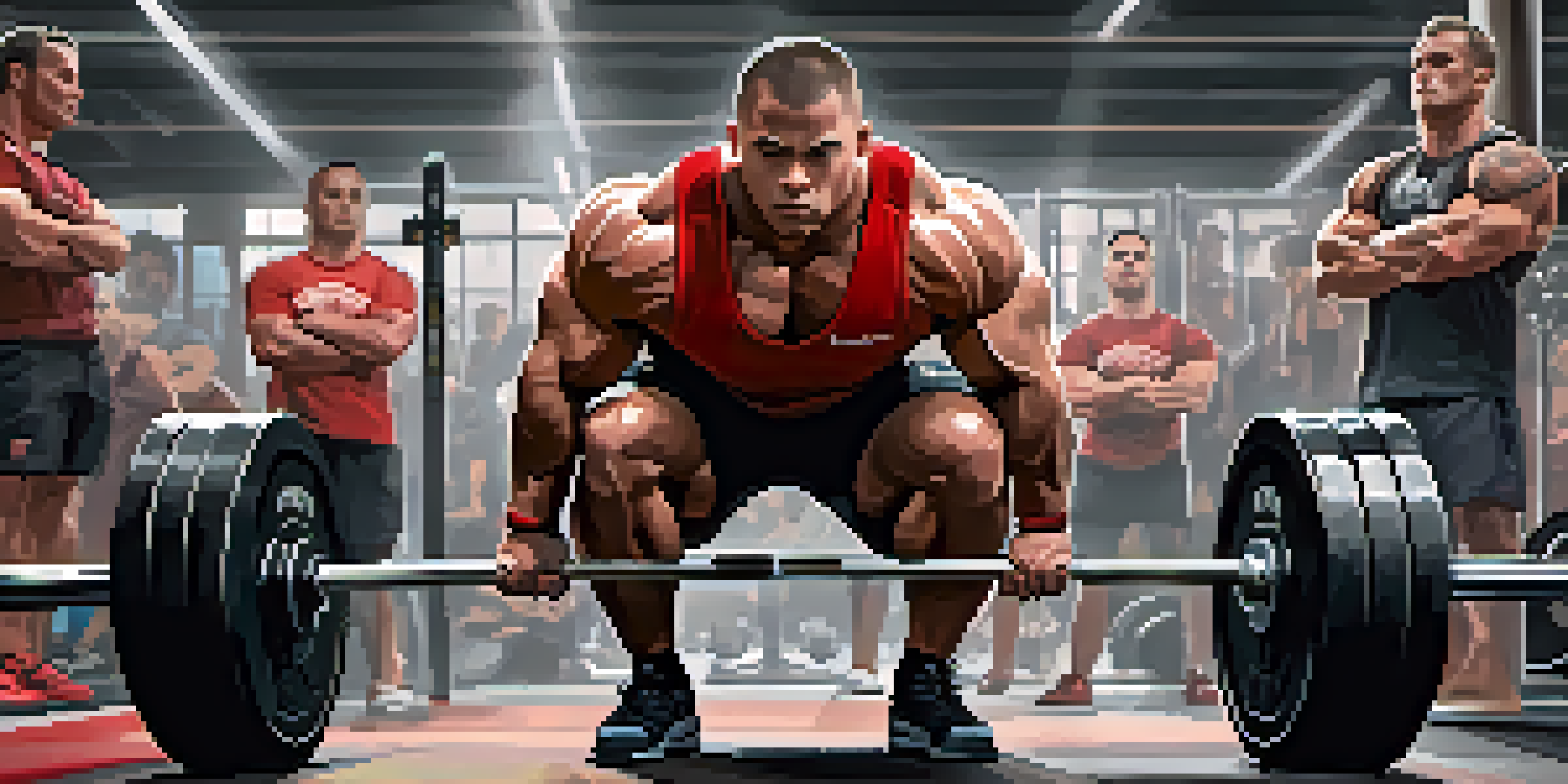 A powerlifter intensely lifting a heavy barbell in a gym, with focused expression and gym equipment in the background.