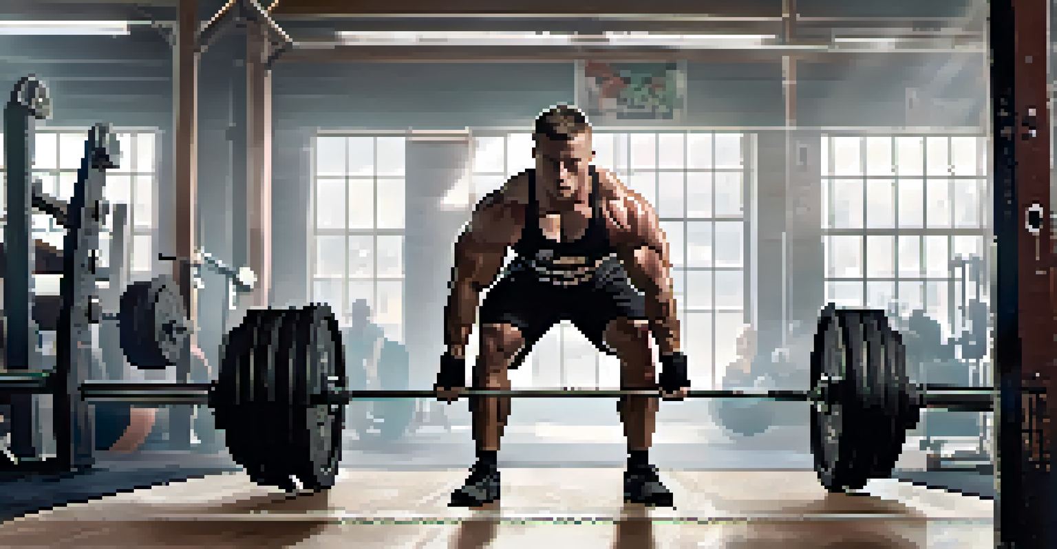 A powerlifter focused on lifting weights in a bright gym, showing strength and determination.