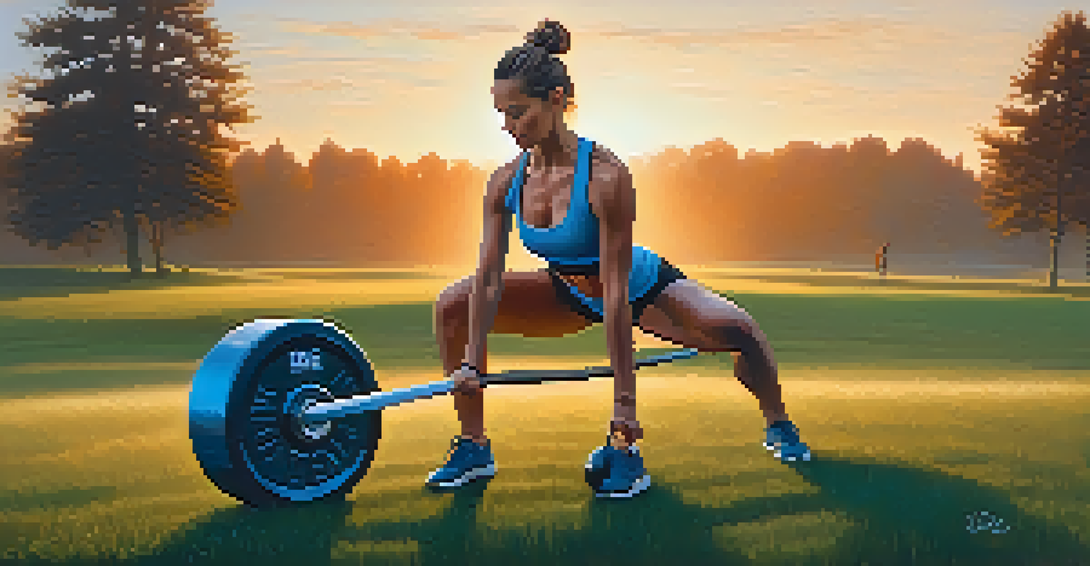 A fit woman performing a kettlebell deadlift outdoors during sunrise, surrounded by nature.