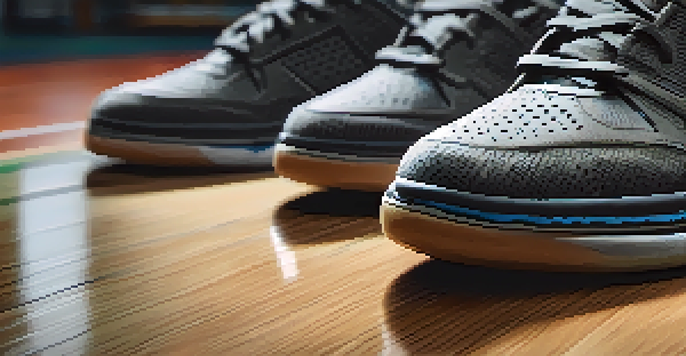 A close-up of a pair of lifting shoes on a gym floor, focusing on their design and texture.
