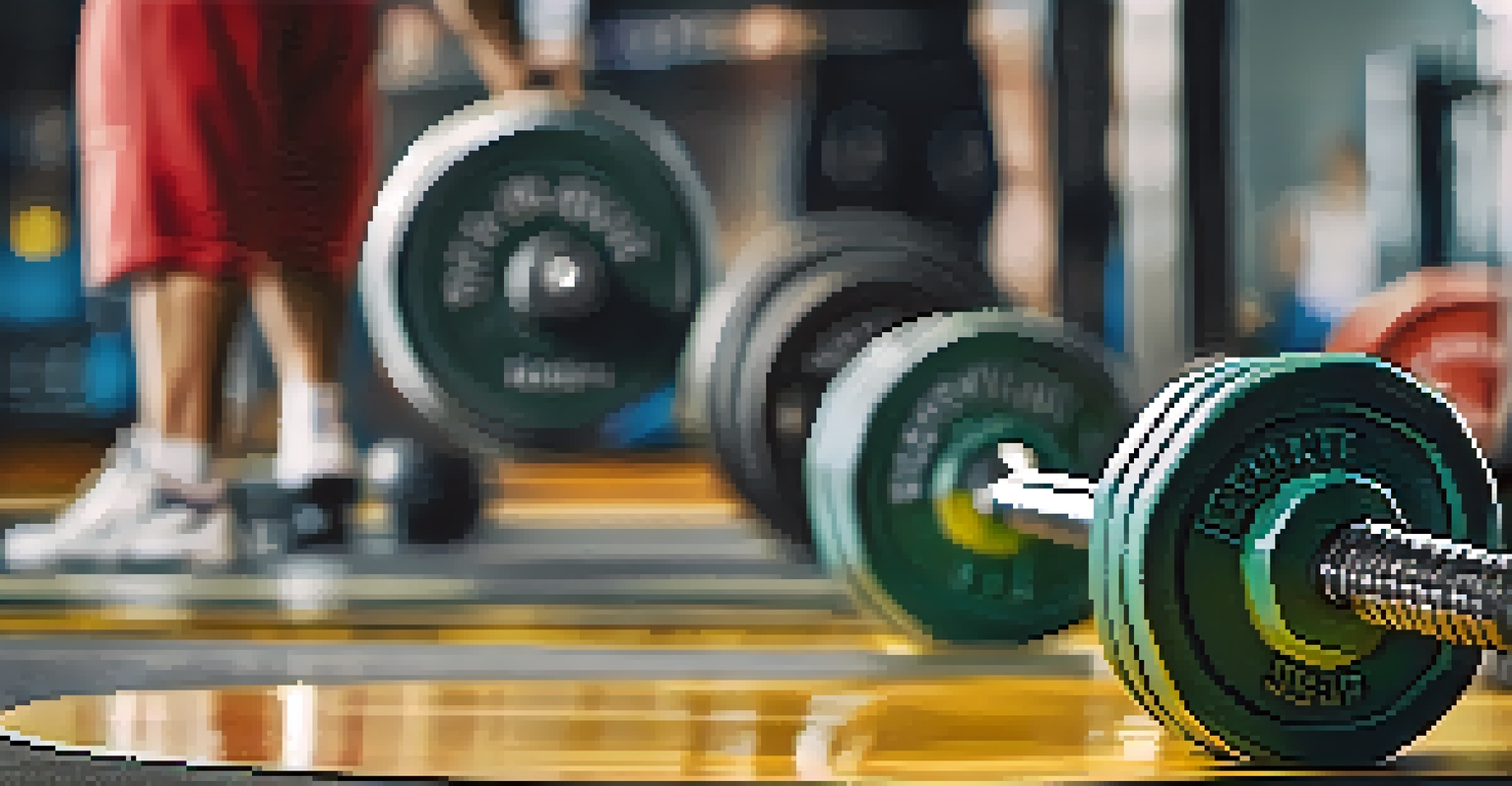 A close-up shot of a weightlifting barbell on the gym floor with weights attached.