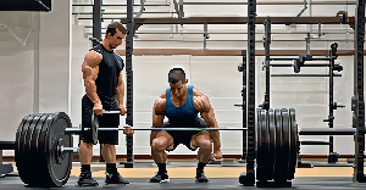 A coach demonstrates deadlift technique to a novice lifter in a gym, highlighting the importance of proper form.
