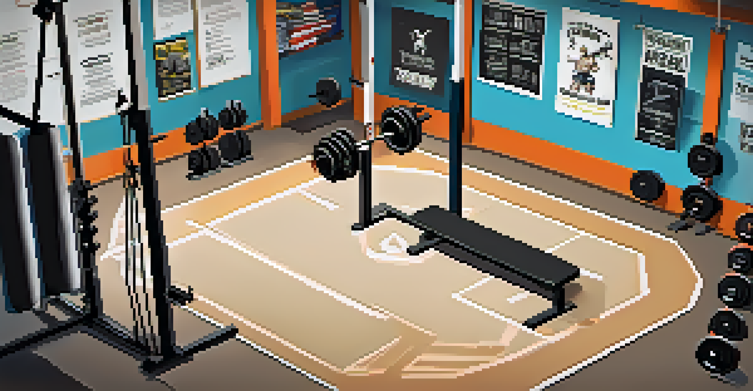 An overhead view of a gym floor with a barbell, weights, and motivational posters, ready for powerlifting.