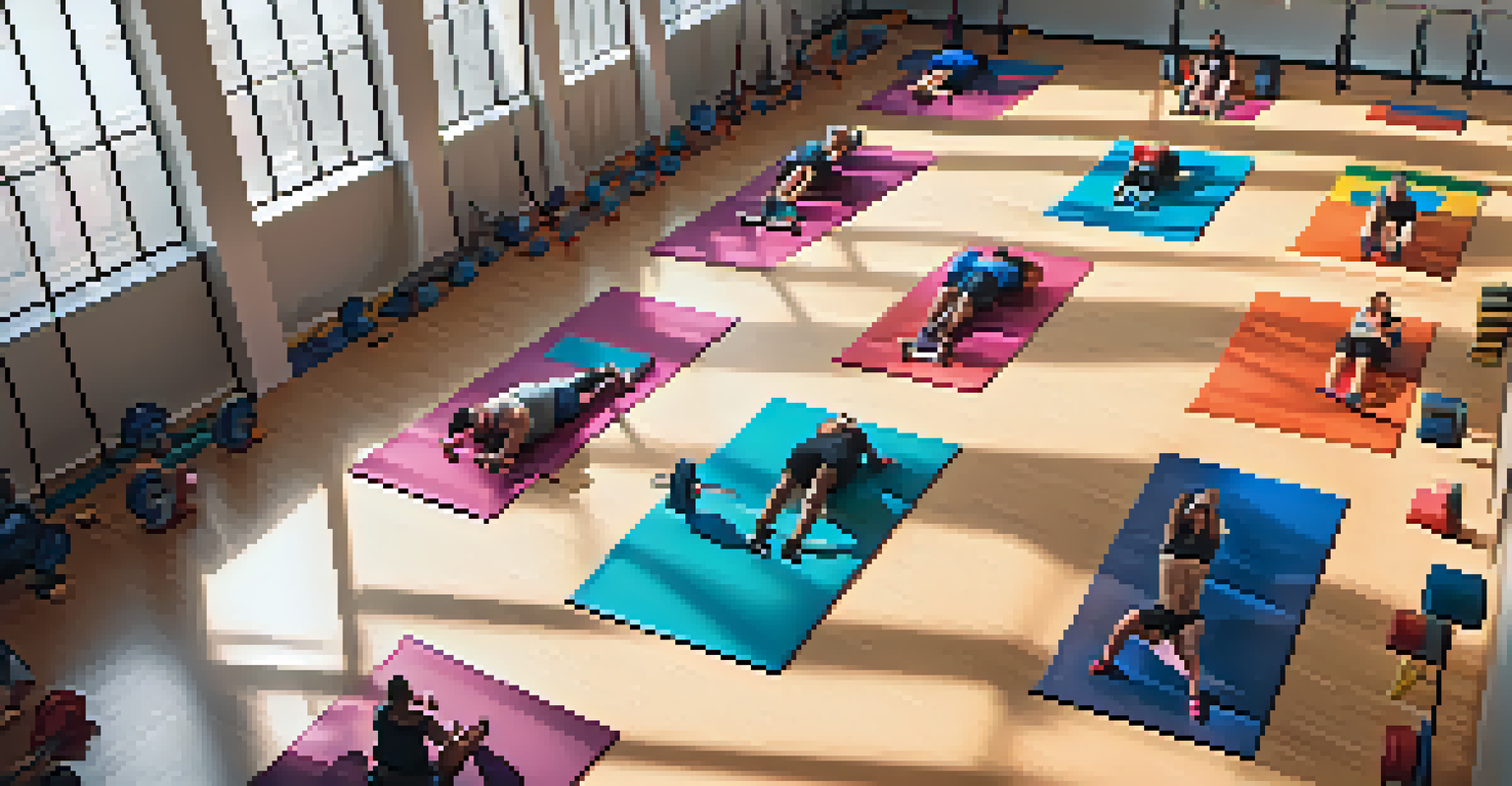 A diverse group of powerlifters performing mobility exercises on colorful mats in a spacious gym with natural light.