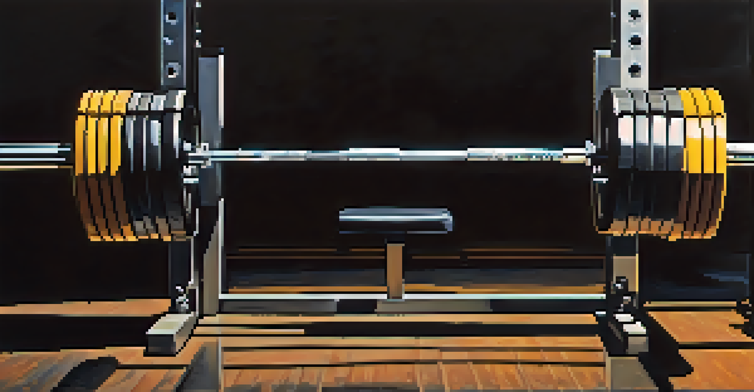 A close-up view of a close-grip bench press setup, highlighting the barbell, weights, and bench details.