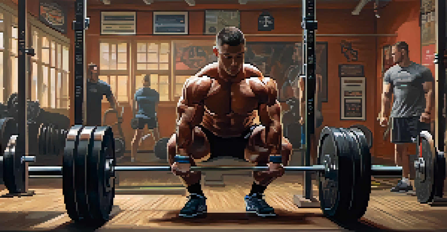 An athlete in a powerlifting gym preparing for a lift, with weights and equipment arranged around them in a warm, motivating environment.