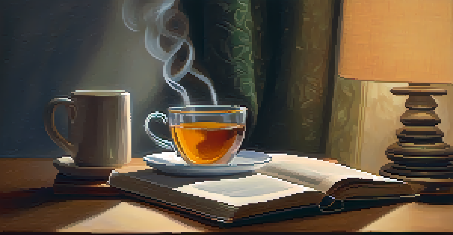 A close-up of herbal tea and an open book on a bedside table in a cozy bedroom setting.