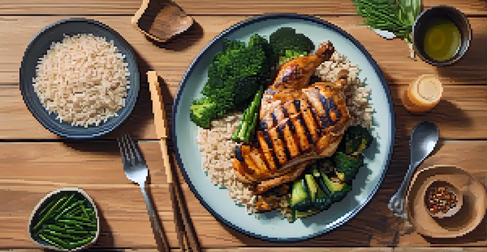 A flat lay image of a balanced powerlifting meal with grilled chicken, brown rice, and steamed vegetables on a wooden table.