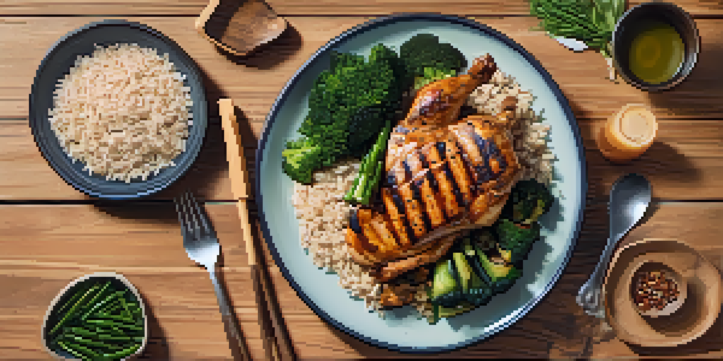 A flat lay image of a balanced powerlifting meal with grilled chicken, brown rice, and steamed vegetables on a wooden table.