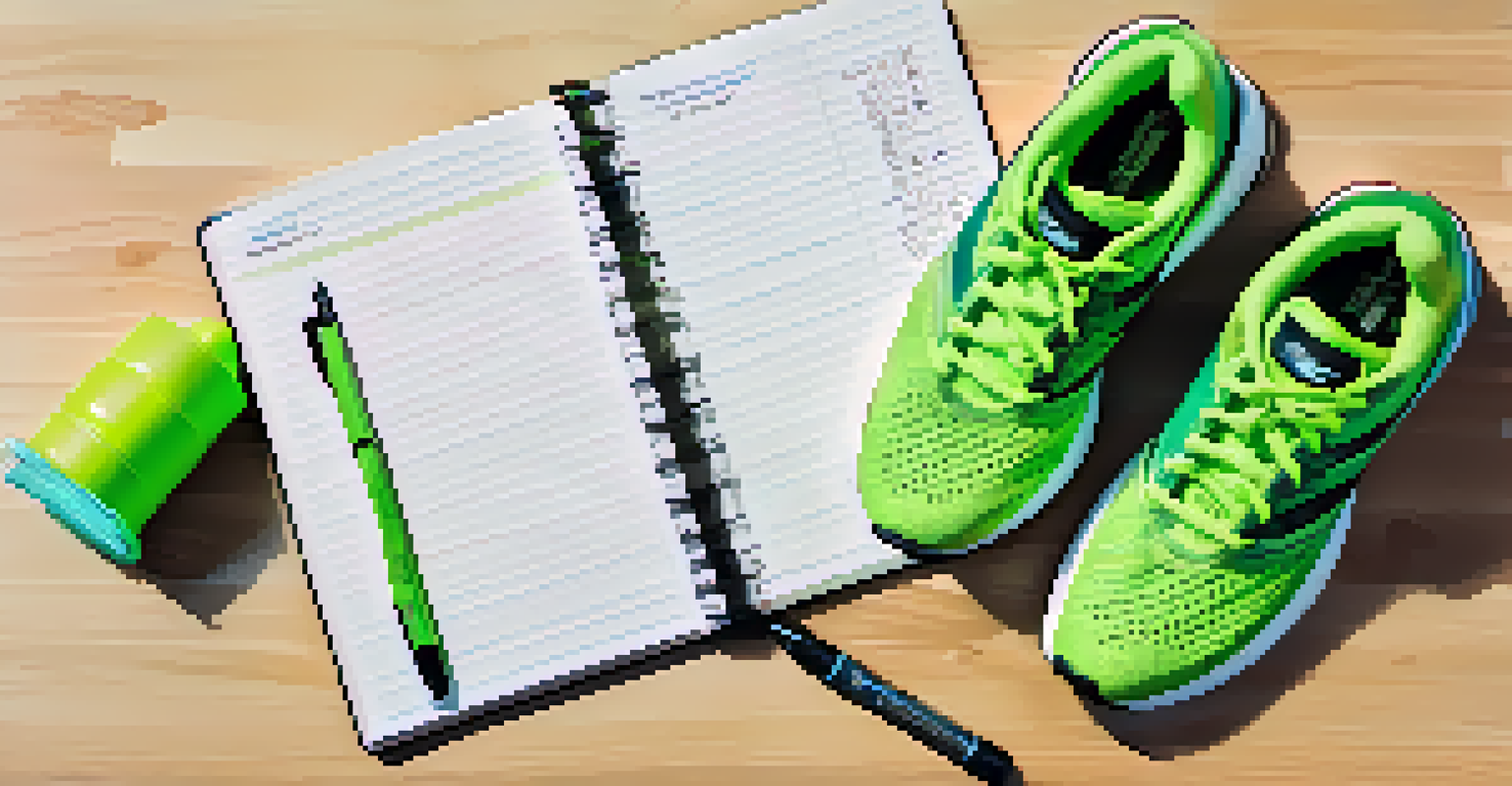 An overhead view of a workout log notebook with notes, a pen, a water bottle, and athletic shoes arranged around it.