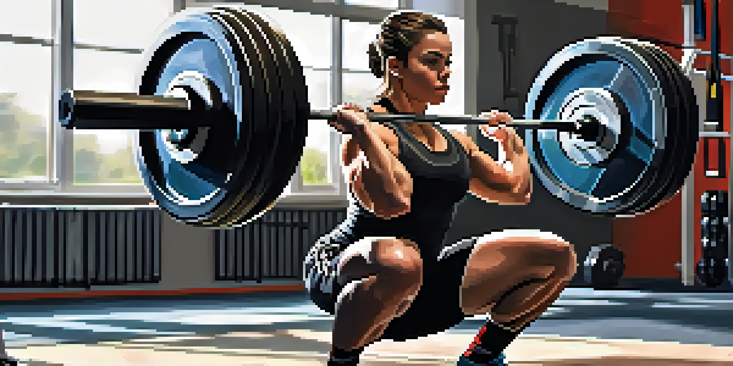 A powerlifter in a gym performing a squat with a barbell, showing proper lifting technique.