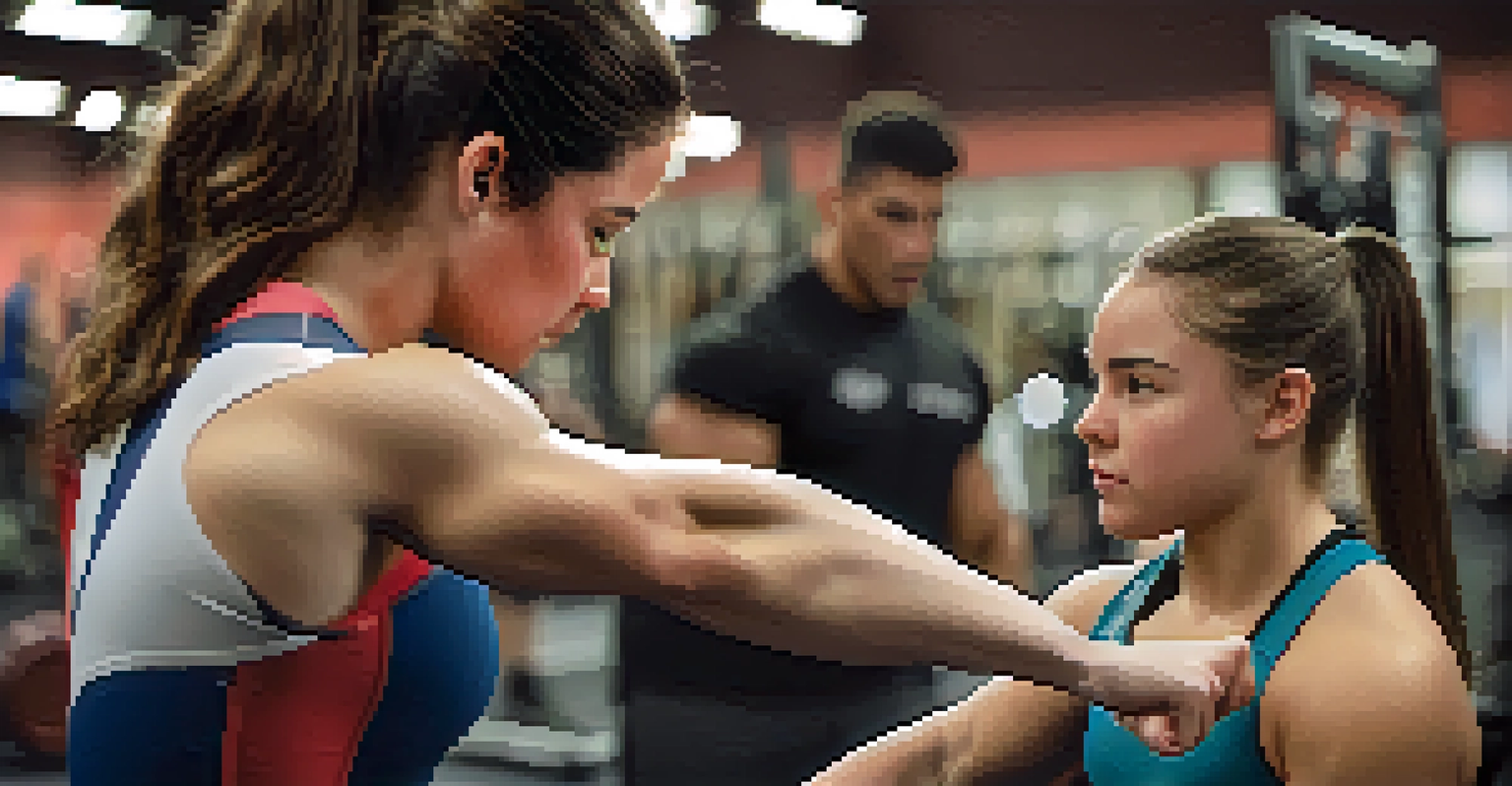 A female coach providing feedback to a young female athlete during a powerlifting training session.