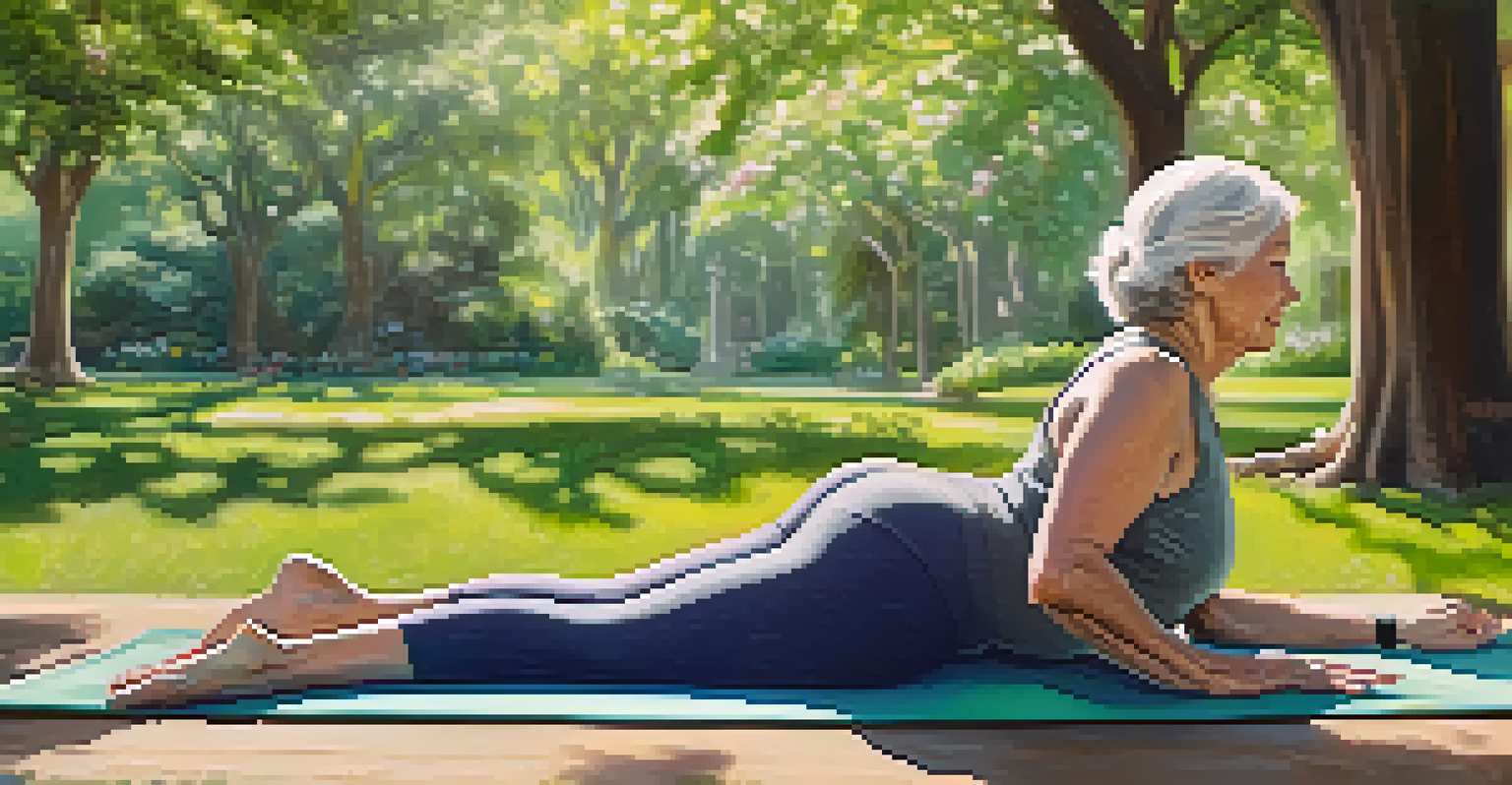 An older woman practicing dynamic stretches on a yoga mat in a park, surrounded by greenery and flowers, symbolizing recovery through movement.