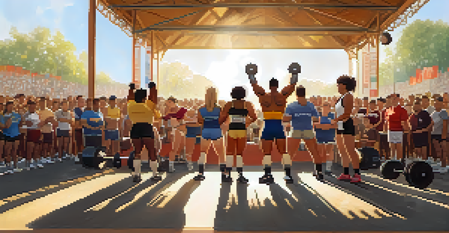 An outdoor powerlifting competition featuring athletes from diverse backgrounds, surrounded by an enthusiastic crowd.